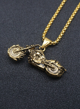 欧美朋克骷髅头火焰项链钢摩托车