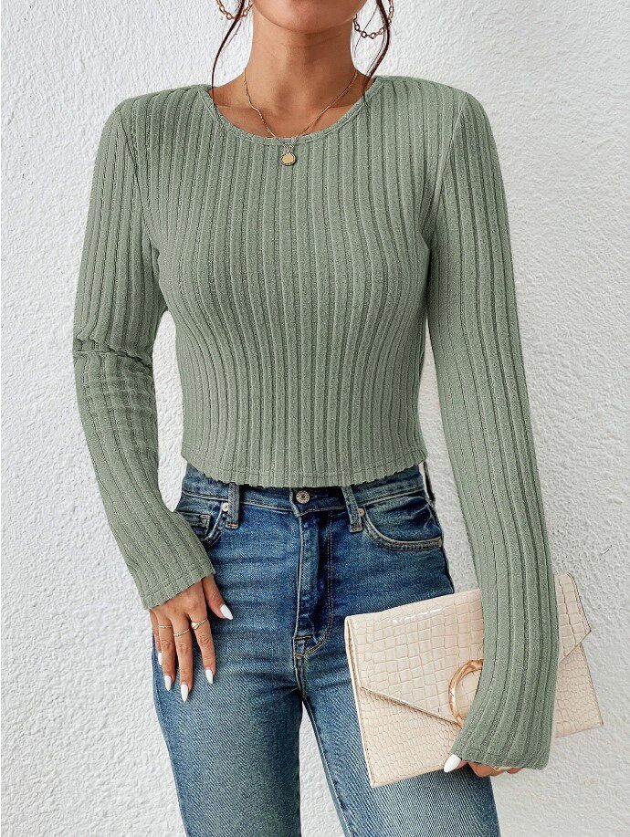 Casual Fitted Sweater Solid Color Round Neck Long Sleeve Autumn Winter Wear Ready to Ship low MOQ
