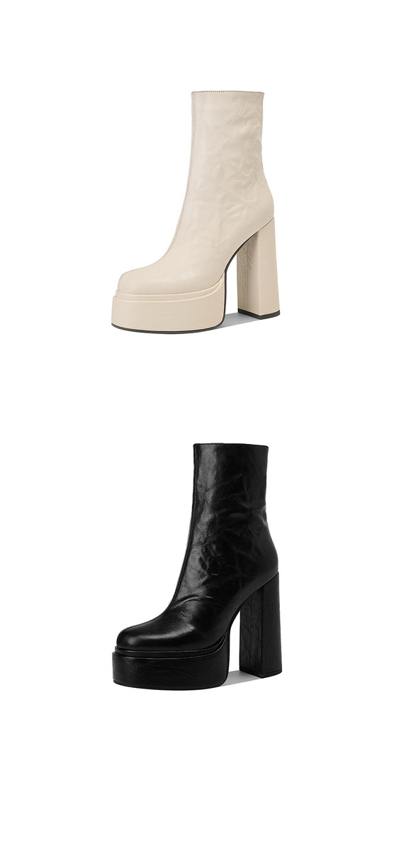 Boot nữ cổ ngắn gót thô siêu cao 13.5cm da cừu mũi tròn có khóa kéo bên hông — Lớp lót đơn màu đen, Lót đơn màu trắng kem, Lót nhung đen, Lót nhung màu be