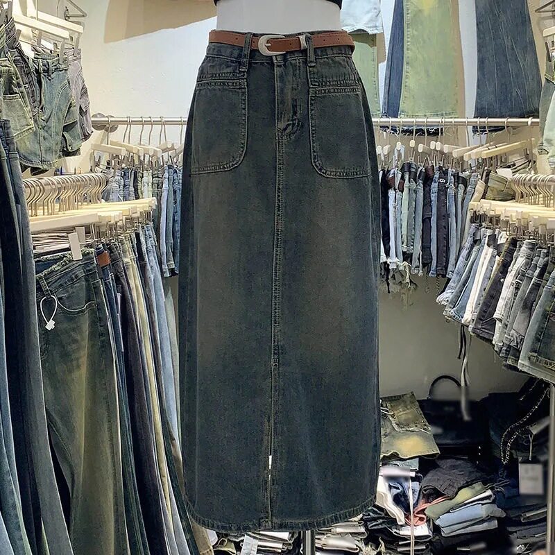 High Waisted Denim Skirt Long Loose Fit Side Slits Two Pockets Spring Fall Fashion Wholesale Available
