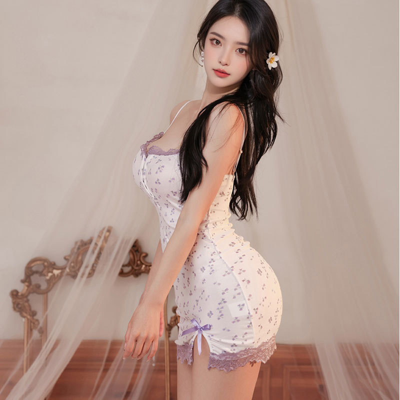 情趣内衣调情纯欲少女紫色碎花qqny吊带性感紫色蕾丝花边连衣睡裙