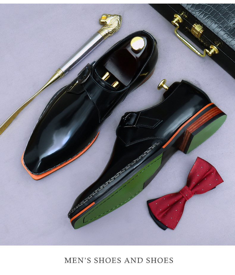 Giày tây nam da bò thật khóa cài monk strap mặt bóng kiểu Anh — Màu đen, Màu nâu