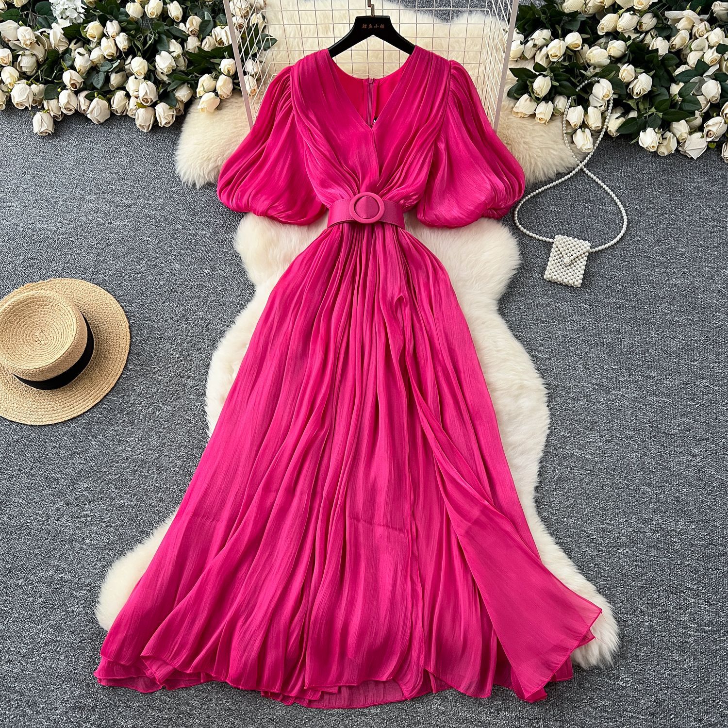 Elegant Puff Sleeve Maxi Dress for Women V Neck High Waist Design Summer Evening Wear