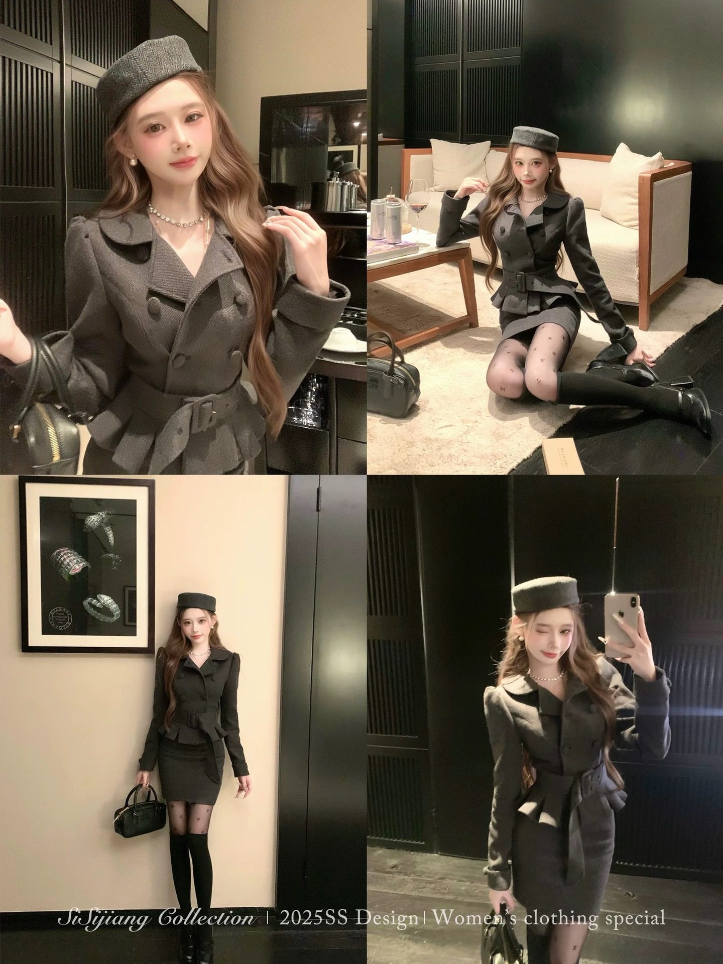 Free Belt, Small Fragrant Lapel, Double-Breasted Waist-Cinching Thickeneded Woolen Jacket + Hip-Covering Short Skirt Two-Piece Set for Women in Autumn and Winter