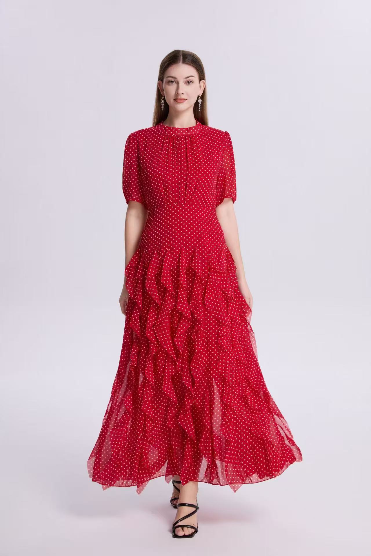 French Court Style Polka Dot Mermaid Maxi Dress Ruffled Hem Waist Defining Scarf Collar Elegant Evening Wear
