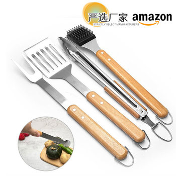 Amazon Spot Stainless Steel Barbecue Tool Set Outdoor Bbq Beech Handle Shovel Fork Clip Combination Grill Set 4 Pieces