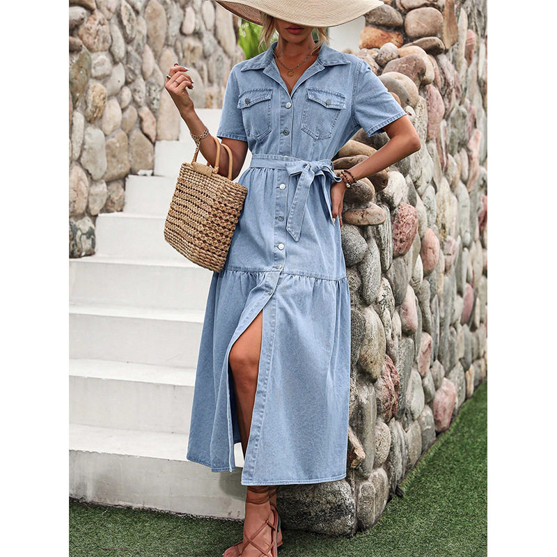 Elegant V Neck Denim Dress Womens Fashion European and American Style Chic Design Perfect for Casual Outings
