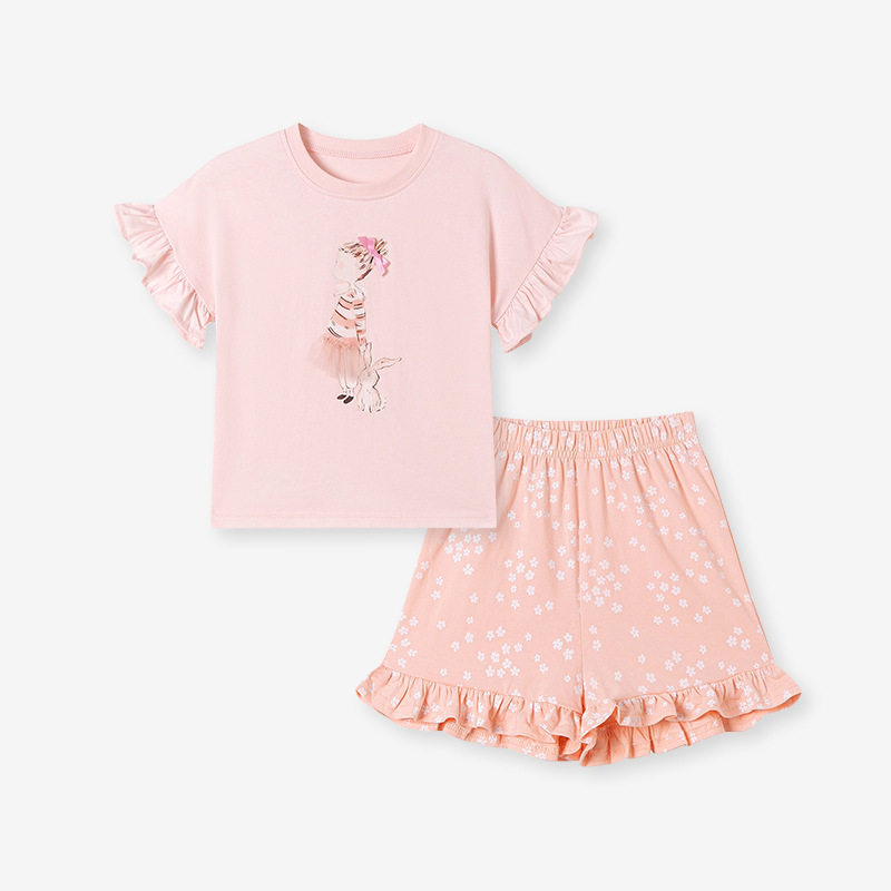 Girls' Summer Cute Set, Crew Neck T-Shirt & Shorts Two-Piece Outfit