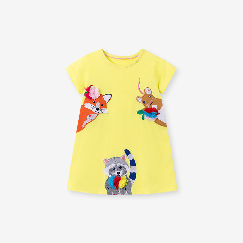 Girls' Summer Cartoon Short-Sleeve Dress Wholesale from Source Factory, Applique Kids' Dress