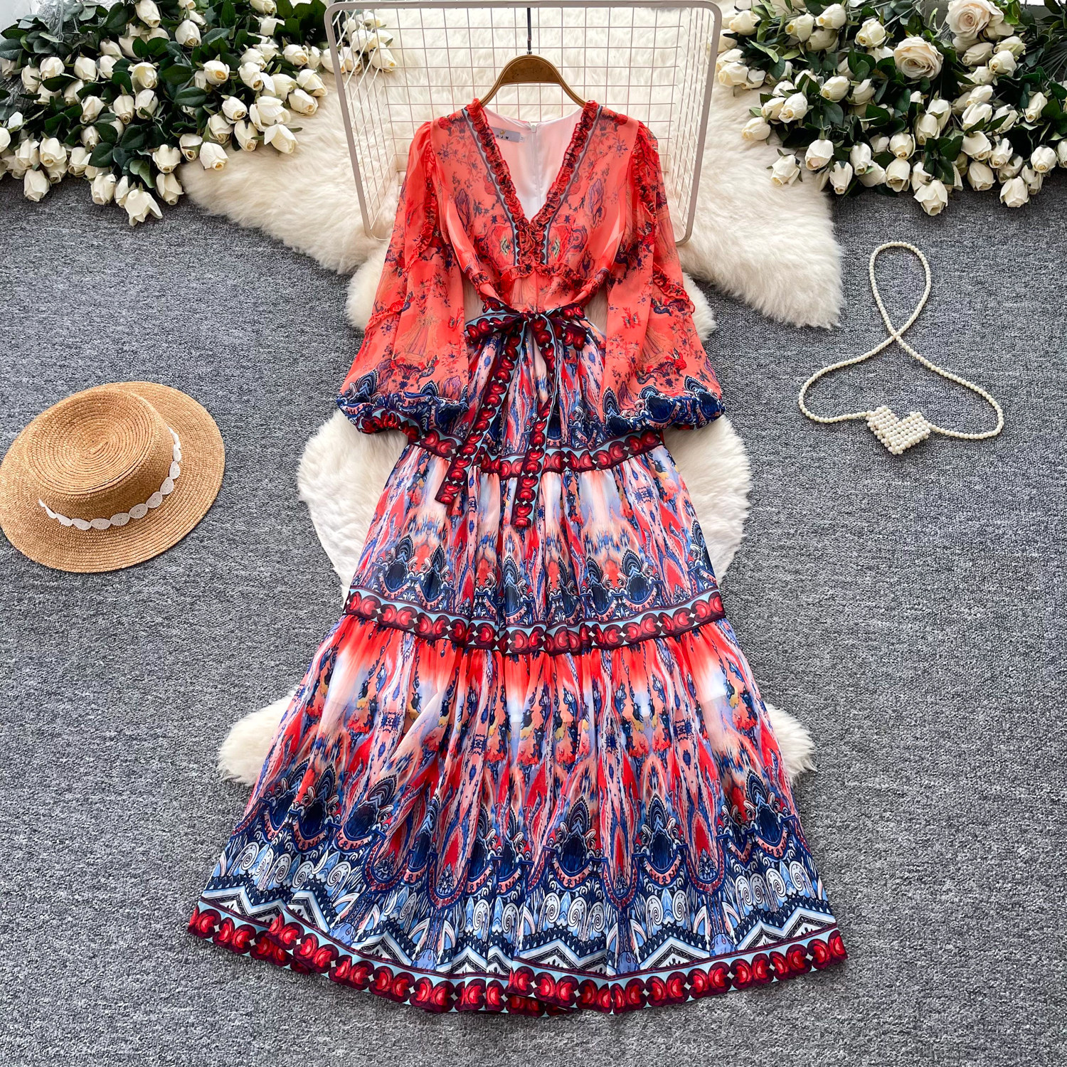 Bohemian Floral Maxi Dress for Women V Neck Long Sleeve Waist Tie A Line Silhouette Elegant Vacation Style