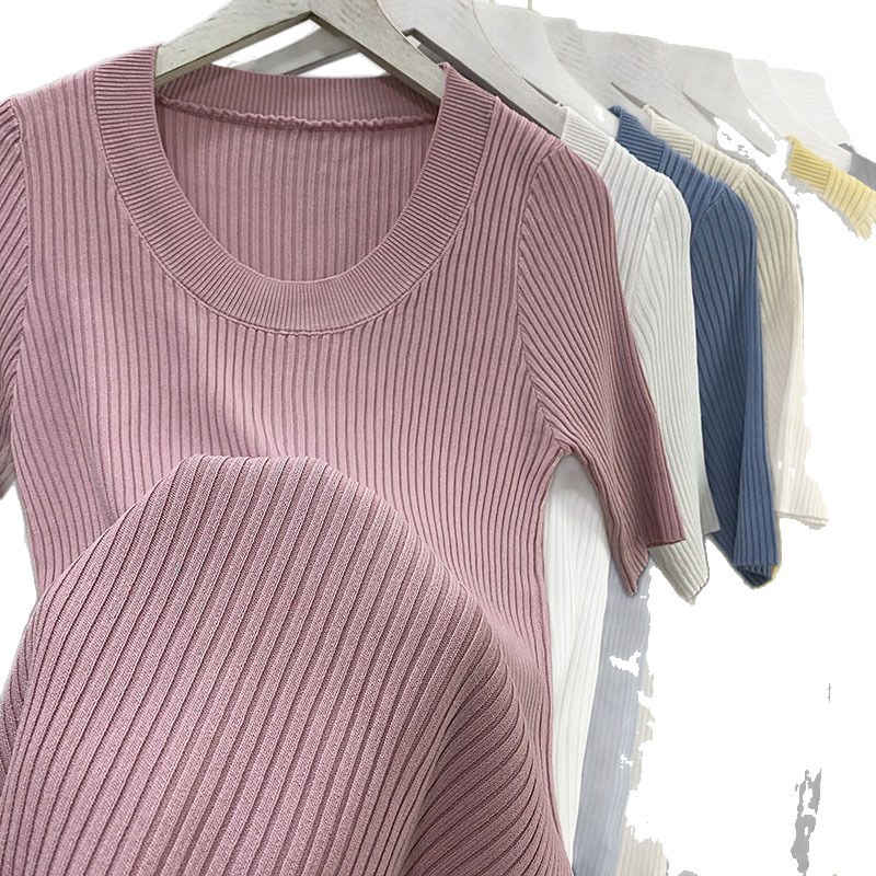Womens Soft Ice Silk Knit T Shirt Low Round Neck Slim Fit Trendy Design Summer Casual Wear OEM Available