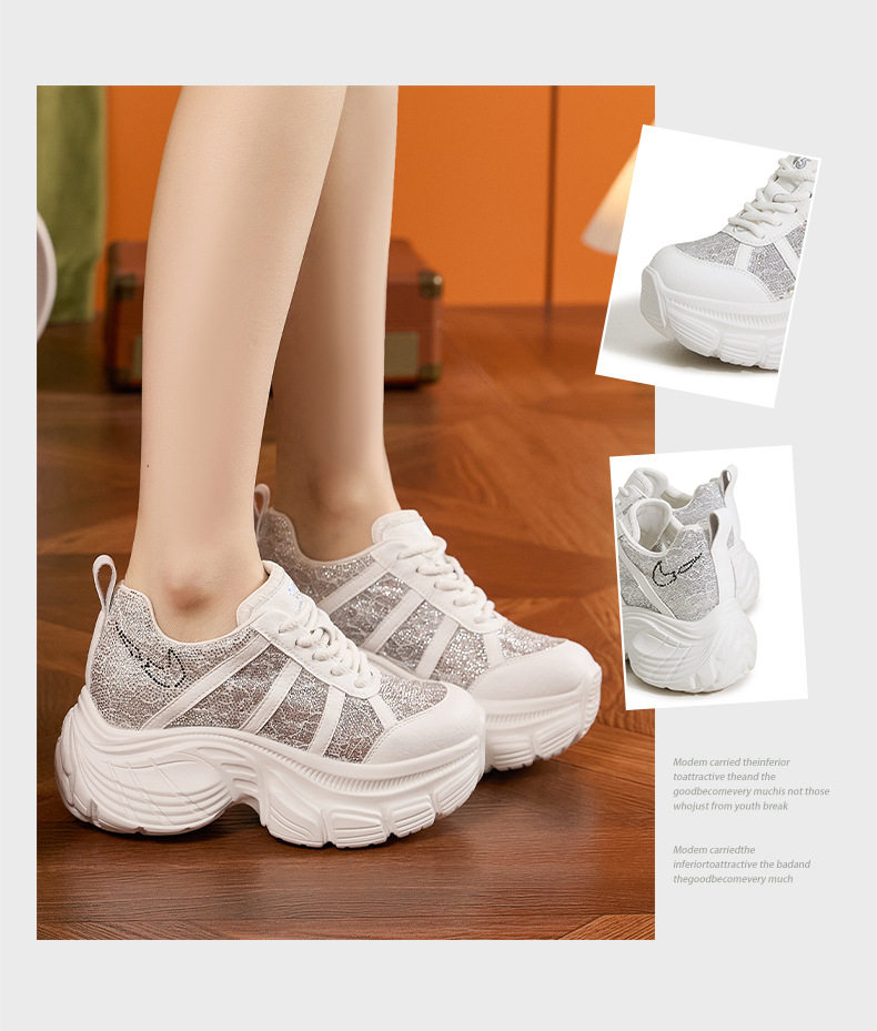 Giày sneaker nữ chunky đế dày rhinestone phong cách đế xuồng, gót siêu cao 8cm, form mũi tròn, cổ thấp, dây buộc — Hồng, Bạc, Trắng chi tiết 3