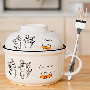 Ceramic instant noodle bowl with lid porcelain bowl household dining canteen self-brought bowl dormitory student bowl chopsticks suit