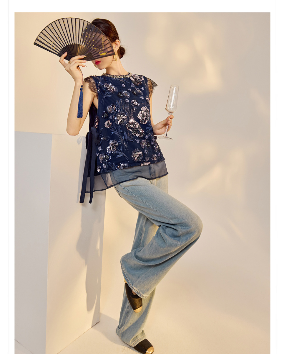 Áo vest nữ thêu cườm đính đá cổ tròn phối hoa văn — Jiyue Blue (giao hàng trong 7 ngày), Jiyue Blue (phát hành cùng ngày)