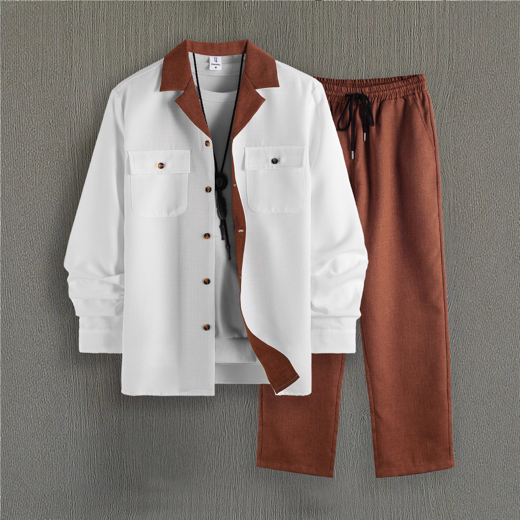 外贸男士春秋套装撞色西装领礼服开扣长袖衬衫长裤休闲两件套批发