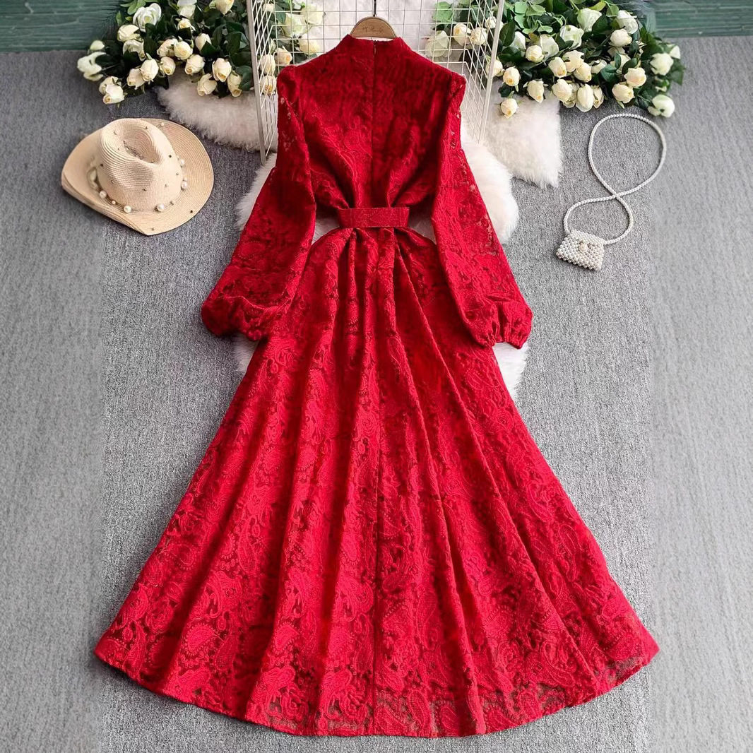 Elegant Womens Dress French Style Lace Slim Fit Button Closure Floral Embroidery Perfect for Formal Occasions