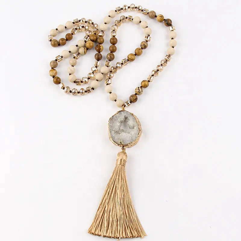 Aliexpress, лидер продаж, богемный этнический стиль, натуральные полудрагоценные камни, украшенные бисером, нерегулярные кристаллы, ожерелье с кисточками, свитер Изображение 1