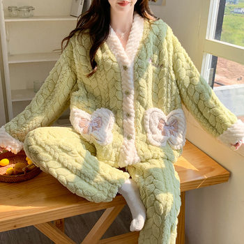 Strawberry Pregnant Women Pajamas Autumn and Winter Flannel Thickened V-Neck Long-Sleeved Coral Fleece Nursing Home suit