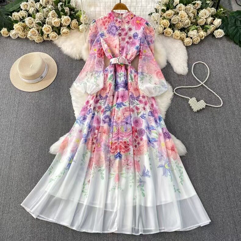 French Romantic Floral Long Sleeve Dress for Women Stand Collar Waist Tie Flattering A Line Perfect for Spring and