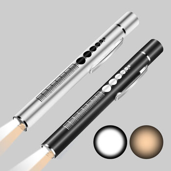Rechargeable Dual Light Source Pupil Pen Yellow Light White Light Medical Oral Examination Lamp Stainless Steel Morning Examination Pen Light Flashlight