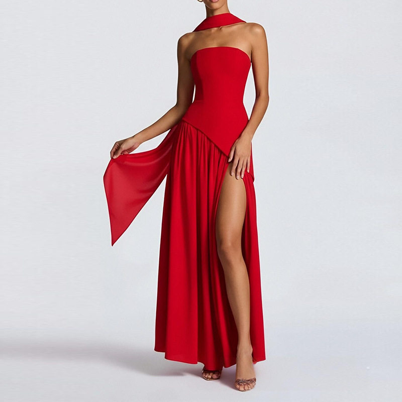 Womens Summer Dress Elegant Solid Color Pleated Design Side Slit Perfect for Casual or Formal Occasions Wholesale