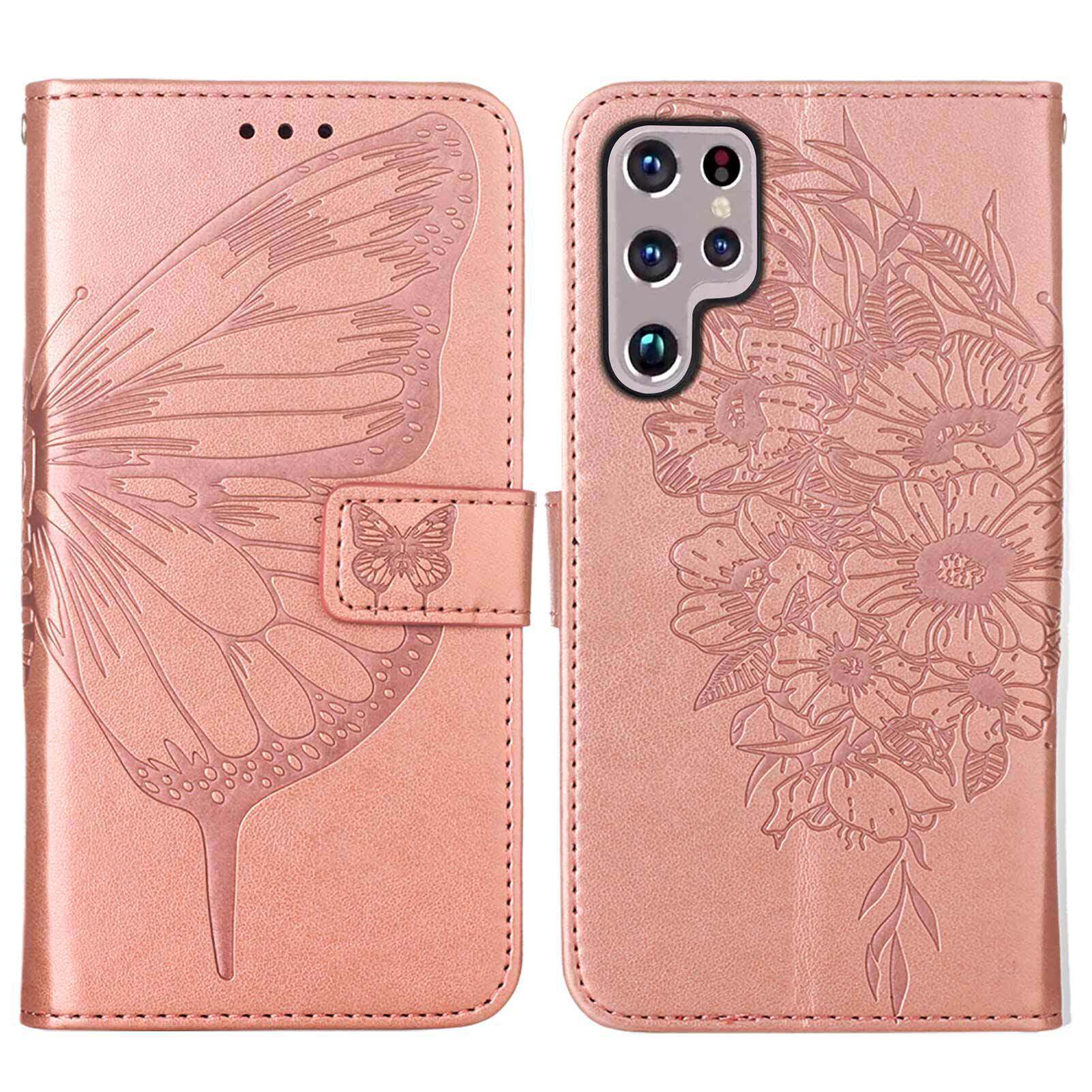 For Samsung S23ultra Butterfly Embossed Phone Leather Case S23plus Flip Cover Card Protection Case Hand Rope Case