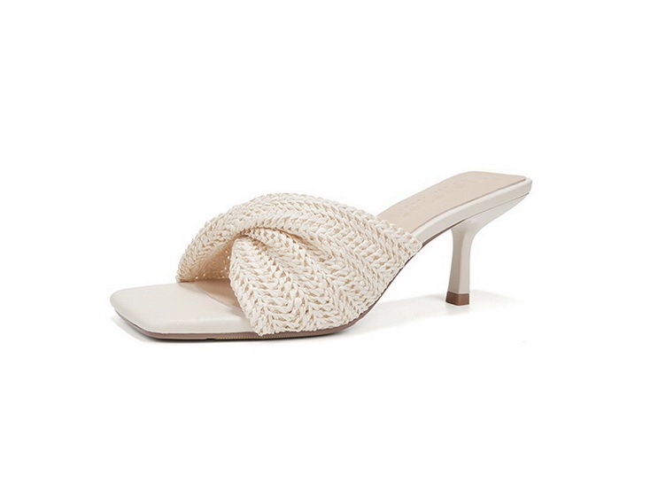 Sandal cao gót nữ mũi vuông quai mảnh đan chéo phong cách thanh lịch — Màu trắng nhạt, nâu sẫm, quần kaki