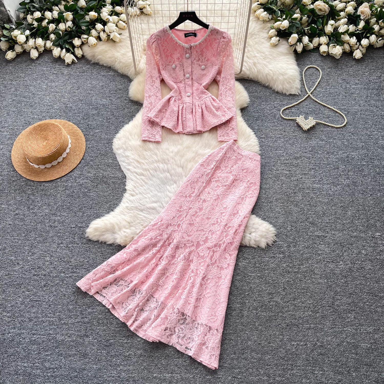 French Style V Neck Lace Long Sleeve Top and Midi Skirt Set Slim Fit Elegant Design Autumn Fashion Wholesale Available