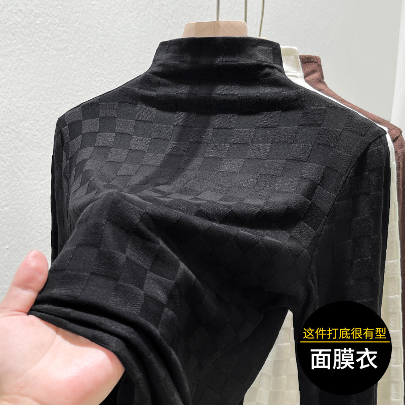 欧货半高领格子提花t恤女2025秋冬新款洋气加绒内搭打底衫上衣潮