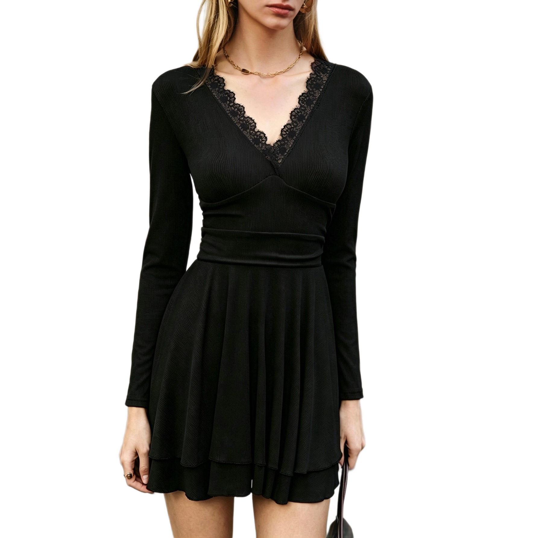 V Neck Lace Trim Long Sleeve Dress Slim Fit Ruffled Hem A Line Skirt Perfect for Spring and Summer Events Wholesale