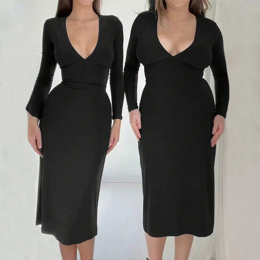 Womens V Neck Midi Dress Simple Solid Color Adjustable Waist Drawstring Spring Summer Casual Wear Wholesale Available