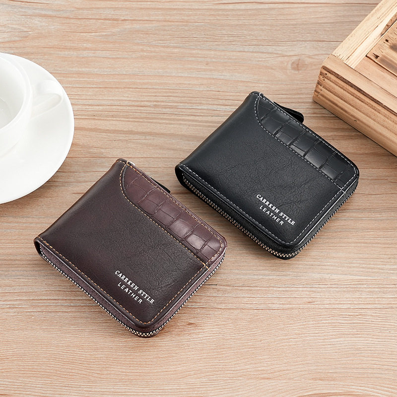 New men's short stone pattern wallet horizontal edge zipper small wallet split leather horizontal multi-card card holder