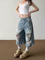 Men's Ripped Denim Shorts Summer Loose Straight American High Street Pants Streetwear Vintage Cropped Pants