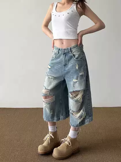 Men's Ripped Denim Shorts Summer Loose Straight American High Street Pants Streetwear Vintage Cropped Pants