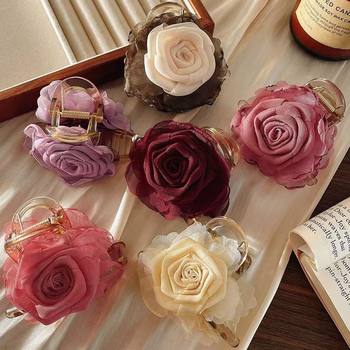 2025 new head flower back of head clip ponytail clip handmade fabric sweet temperament retro rose hair clip