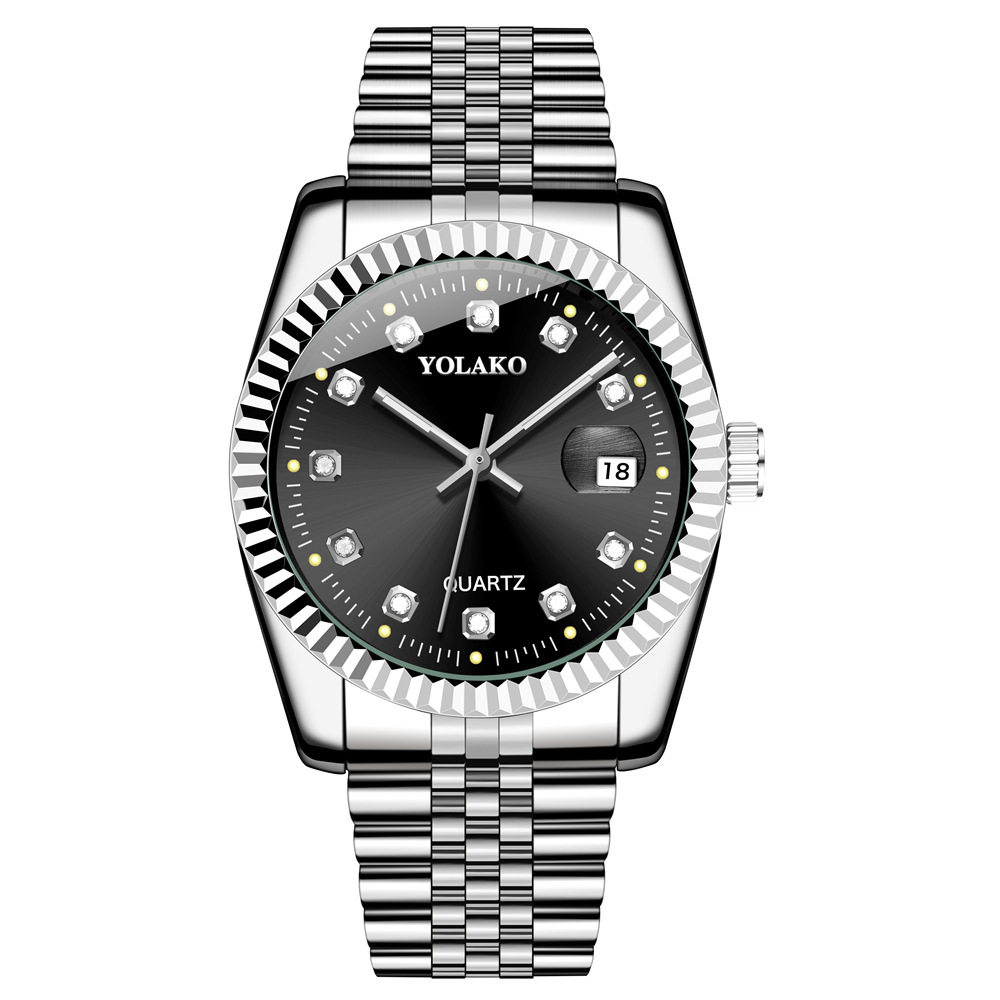 镶钻面钢带日历手表女简约休闲学生时尚石英金色套装男士手表情侣