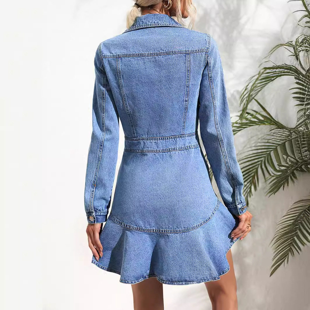 Vintage Inspired Long Sleeve Denim Dress Slim Fit Waist Cinching Design Casual Style Ready to Ship