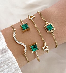 欧美新款简约金属仿祖母绿镶钻手链满钻方钻时尚爱心手镯多件套女