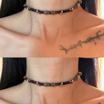 Millennial Spice Girl Crack Leather Choker Collar Women's Brown Subculture Punk Metal Ring Clavicle Chain Necklace Chain