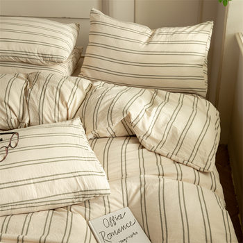 New Washed Cotton Four-Piece Bedding Set, Simple Striped Duvet Cover, Three-Piece Bed Sheet Set, Four-Piece Fitted Sheet Set, Wholesale from Manufacturer