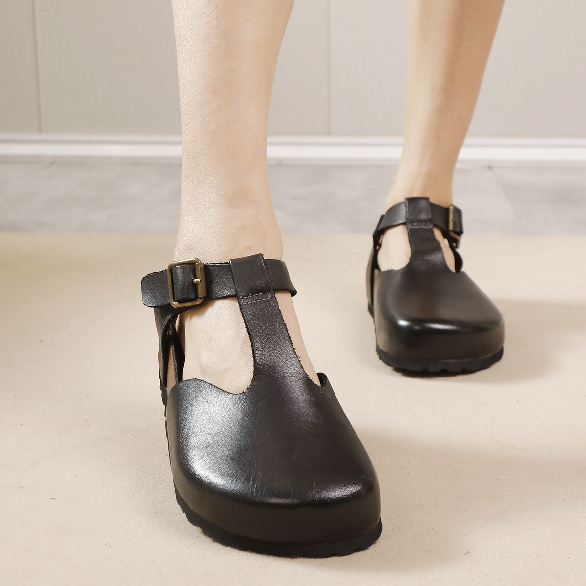 Sandal nữ quai ngang da bò thật phong cách cổ điển, đế bằng êm chân — Màu đen, Màu xanh lá