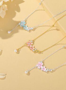 新款925纯银花漾桃花项链女小众设计甜美清新气质花朵流苏锁骨链