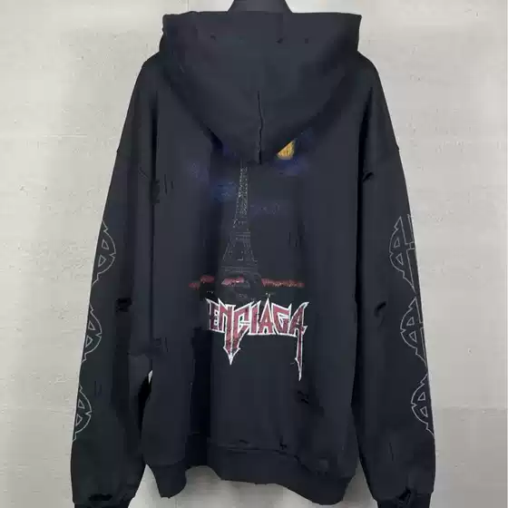 Paris High Version 24 New Style B's Tower Graffiti Frayed Heavy Washed Distressed Zipper Cardigan Jacket Sweatshirt