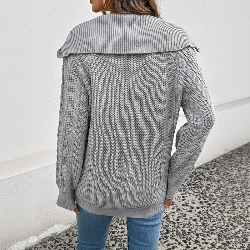 Korean Style Casual Gray Half Zip Sweater Cable Knit Design Lapel Collar Comfortable Fabric Perfect for Fall Winter