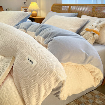 Winter milk velvet four-piece set class a maternal and infant grade thick warm anti-static solid color carved velvet flannel quilt cover