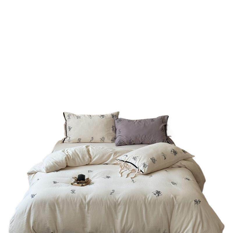 100-Count Pure Cotton Wrinkled Yarn Four-Piece Set with Precision Embroider, Super Soft Quilt Cover, Bed Bed Sheets and Fitted Bed Sheets Three-Piece Set