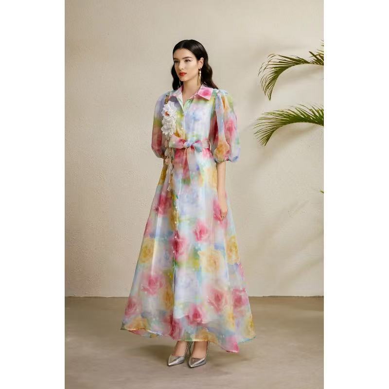 French Elegant Summer Dress Corset Waist 3D Floral Design Lantern Sleeves Printed Tulle Perfect for Garden Parties