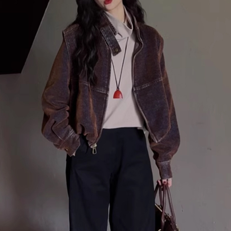 Áo khoác denim nữ dáng thon có túi, thiết kế tháo rời — Đỏ oiran, Xanh biển đậm