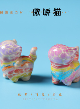 国潮非遗大漆工艺萌猫手工木质桌面摆件休闲傲娇可爱猫咪创意配饰