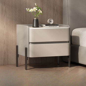 Solid Wood Light Luxury Italian Bedside Table Simple Modern Bedroom Home High-End Leather Slate Storage New Bedside Table